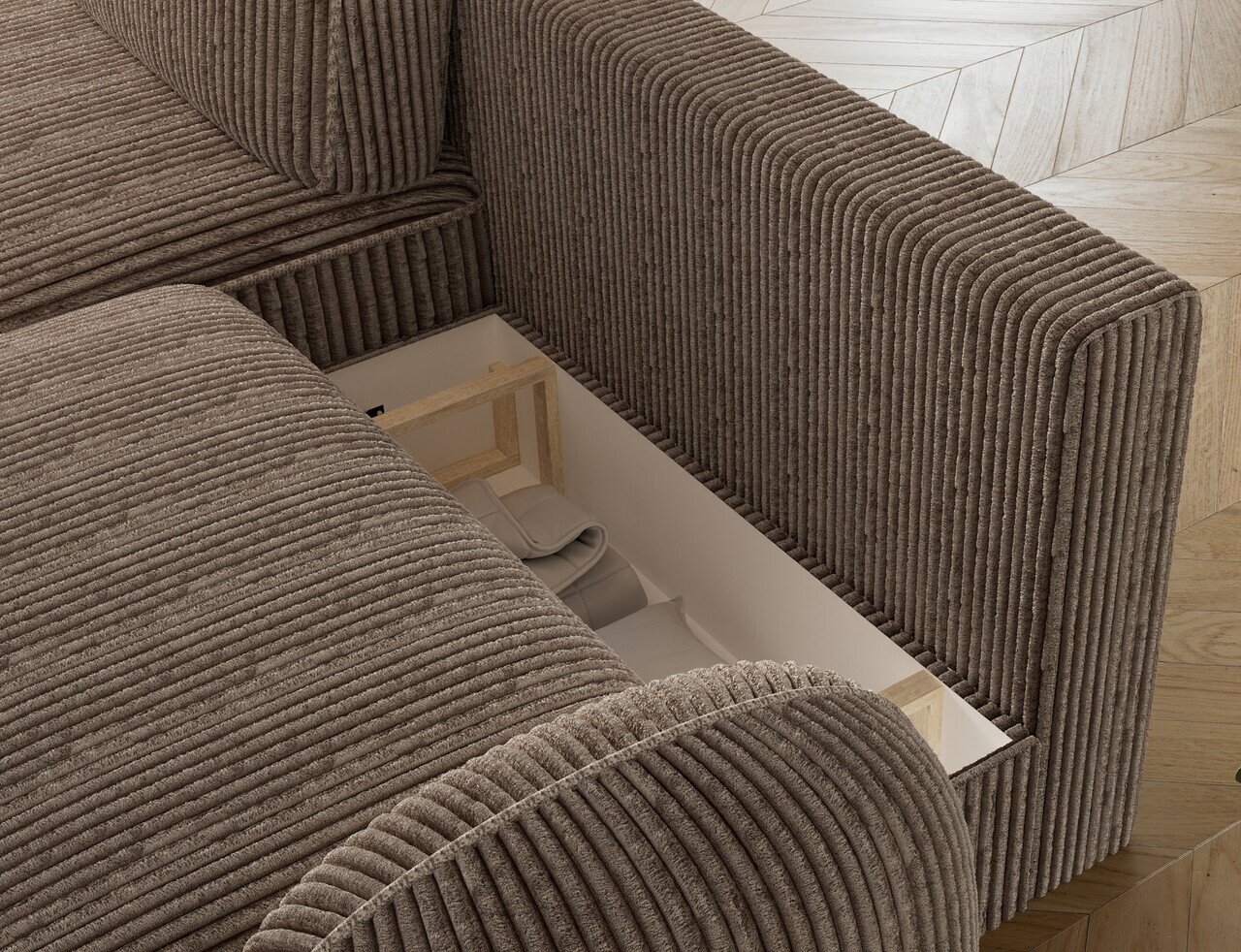 Coltar extensibil stanga 3 locuri ELTAP, Tesalia, 240x150x93 cm, lemn/catifea din poliester, maro deschis — imaginea 7