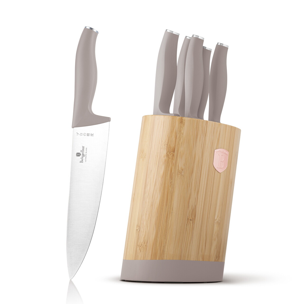 Set 5 cutite cu suport rotund Berlinger Haus, Taupe, inox/bambus, taupe mat/natur - imagine 3