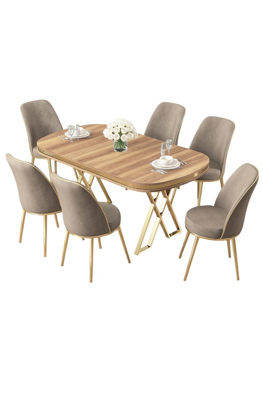 Set masă și scaune (7 piese), Hanah Home, Lai, Nuc deschis / Auriu / Cappuccino - imagine 2