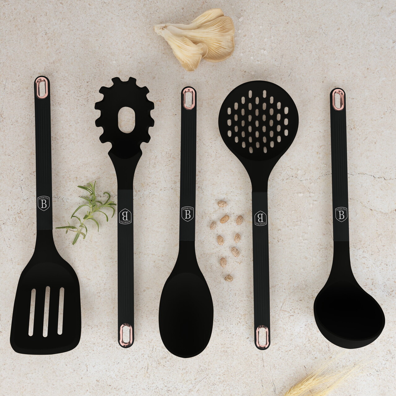 Set 5 ustensile de bucatarie cu suport, Berlinger Haus, Black Rose, nailon/plastic, negru - imagine 4