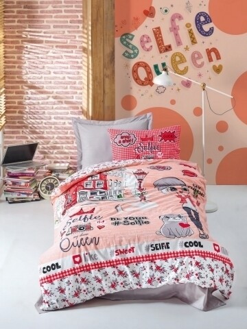 Lenjerie de pat pentru o persoana, 3 piese, 100% bumbac ranforce, Cotton Box, Selfie