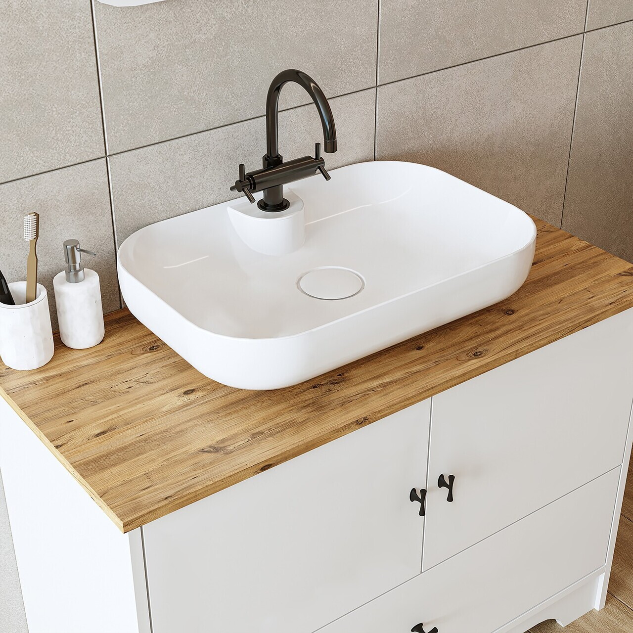 Set Dulap de Baie cu Chiuvetă și Oglindă (3 Piese), Hanah Home, 2397, MDF-LAM, Alb mat — imaginea 6
