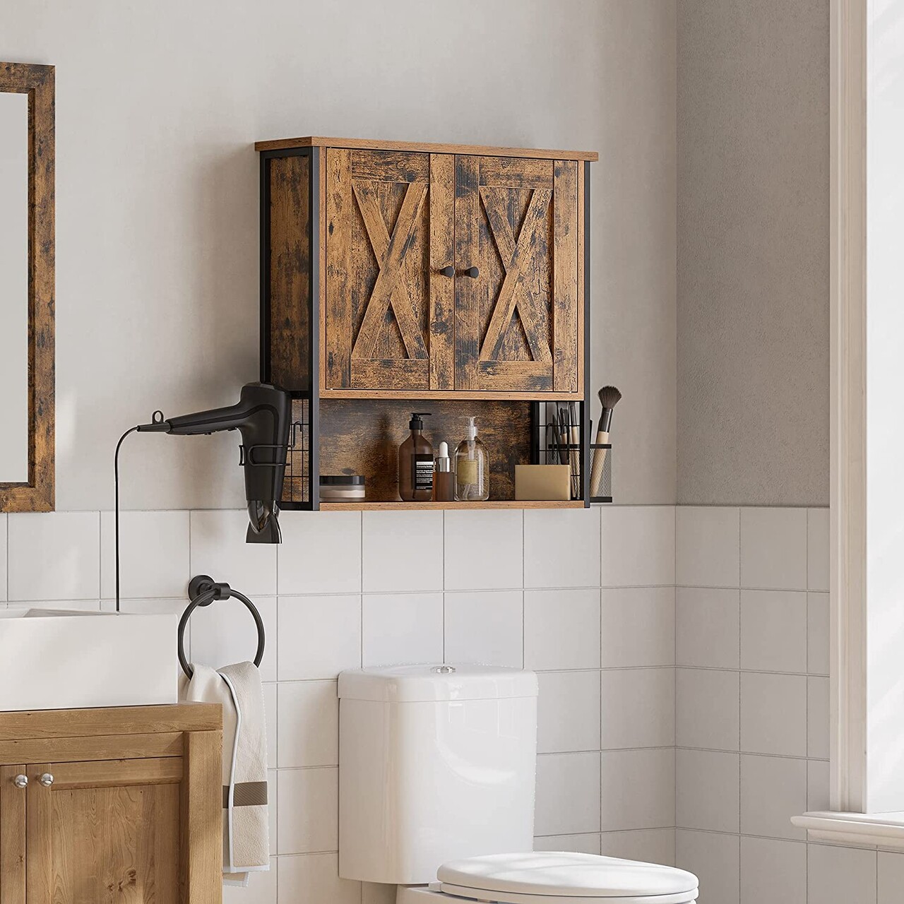 Dulap de perete cu 3 rafturi si suport uscator de par, Vasagle, 60x16x60 cm, PAL/otel, maro rustic