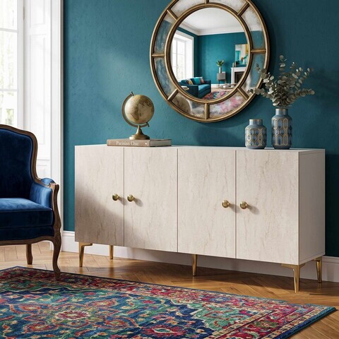 Consola, Hanah Home, Squarel 150, 150x75x32 cm, Alb / Travertin
