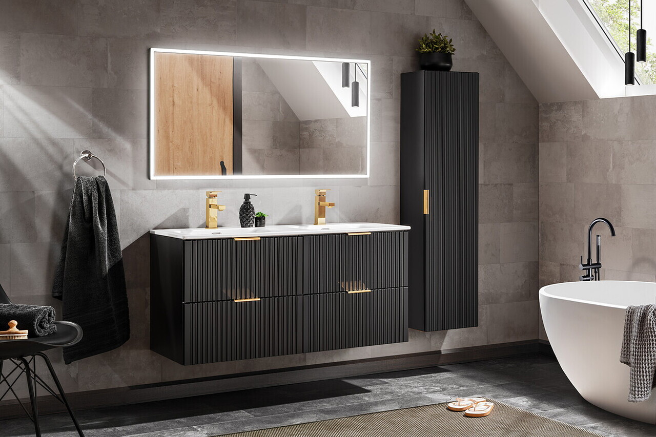 Set dulap de baie cu lavoar dublu si sifon, 120 cm Sky, Adel Black, Comad, MDF/PAL laminat, negru mat — imaginea 3