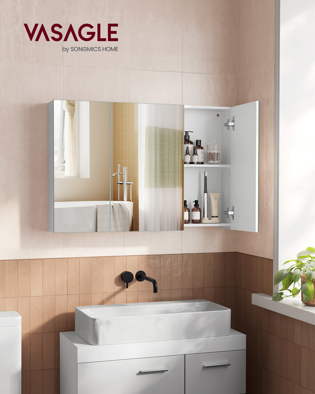 Dulap baie cu oglinda Vasagle, 3 usi si rafturi reglabile, 90x15x60 cm, PAL/sticla, alb - imagine 2