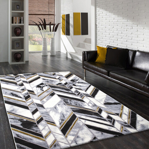 Covor, he257 , 150x230 cm, polipropilena, alb / negru / gri / auriu