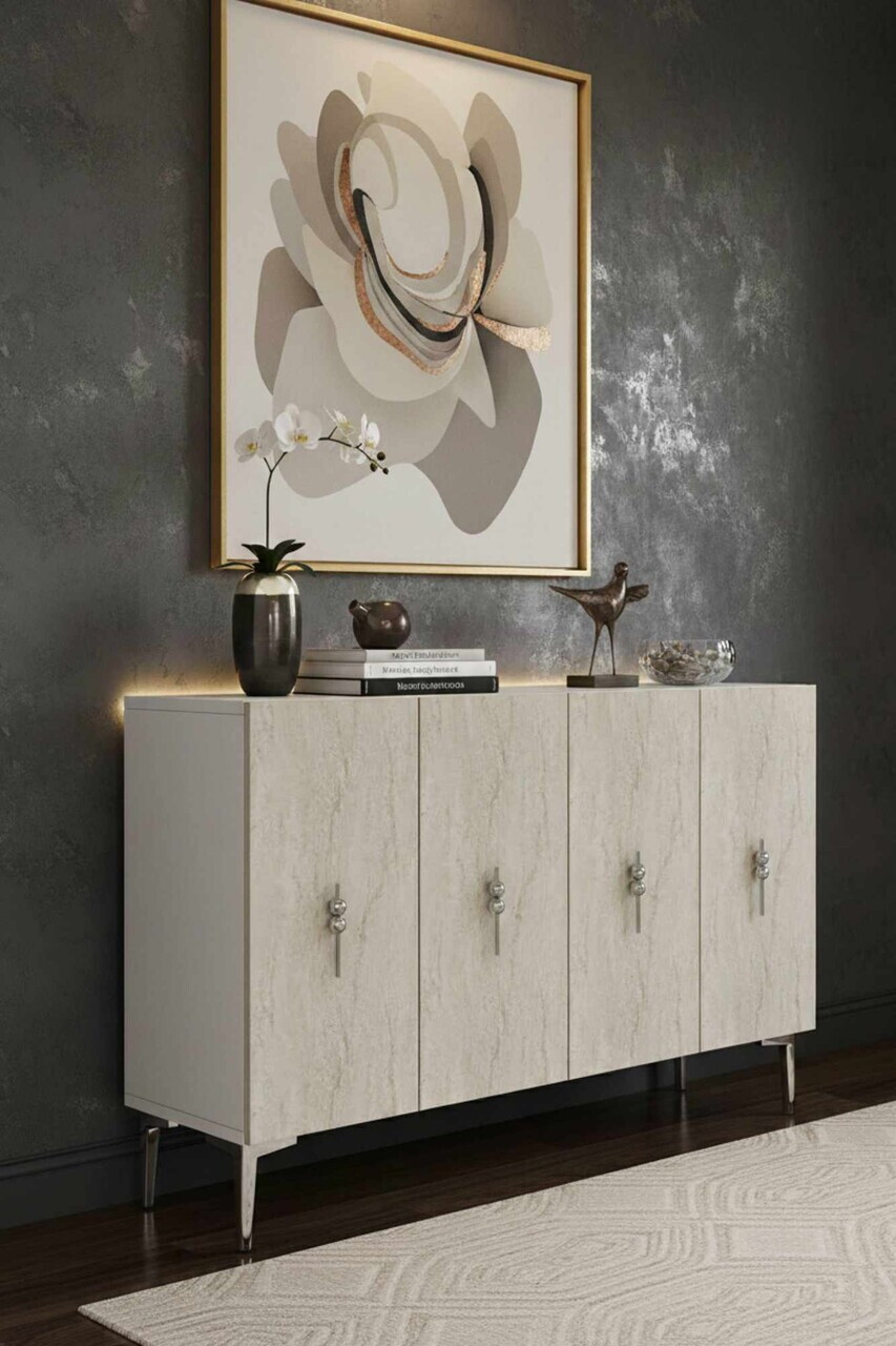 Consola, Hanah Home, Ayshe 120, 120x75x32 cm, White / Travertine / Silver