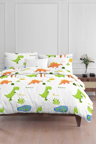 Lenjerie de pat pentru o persoana 2 piese, Dinolar - White, Eponj Home, 65% bumbac/35% poliester