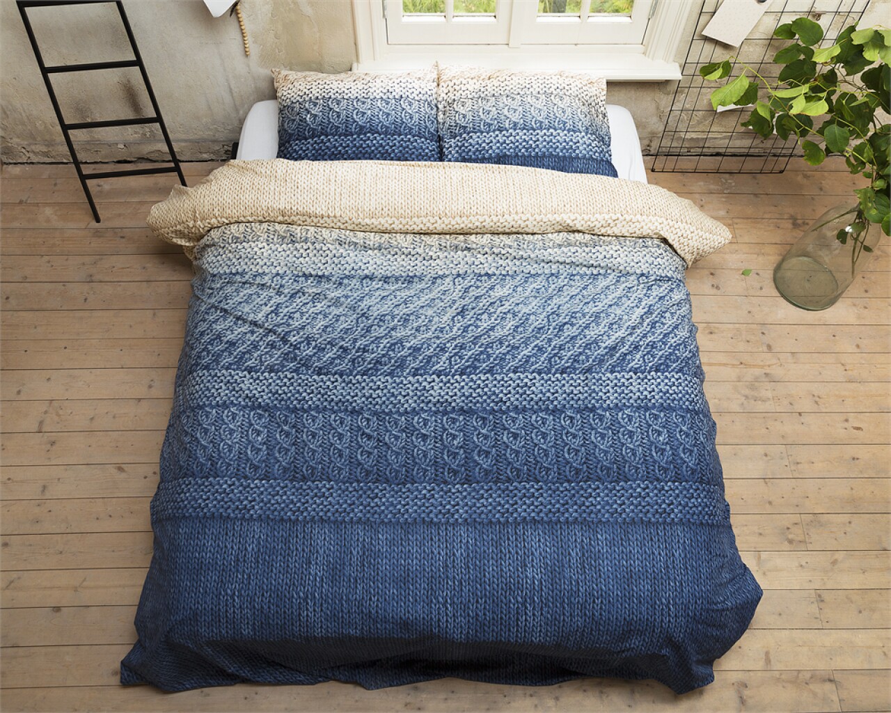 Lenjerie De Pat Dubla Indigo Knit Blue - Primavera Deluxe, Royal Textile, 3 Piese, 240 X 260 Cm, 100% Bumbac, Albastru/bej