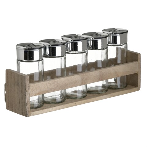 Set recipiente condimente si suport 6 piese, InArt, 27x7x12 cm, sticla