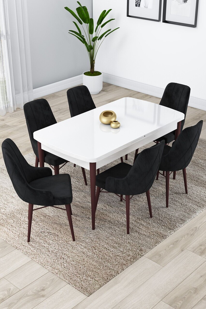 Set masa extensibila si scaune (7 piese), Hanah Home, Lia, Alb / Nuc / Negru