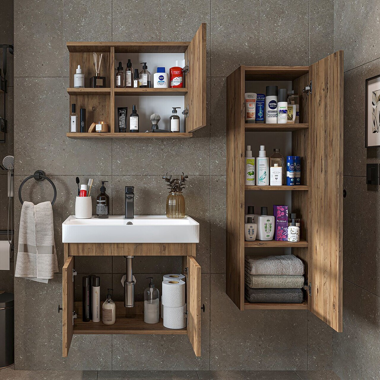 Set Dulap de Baie cu Chiuvetă și Oglindă (3 Piese), Hanah Home, 2867, PAL MELAMINAT, Maro — imaginea 4