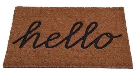 Covoras de intrare Hello , 39×59 cm, fibra de cocos, maro/negru Covoare