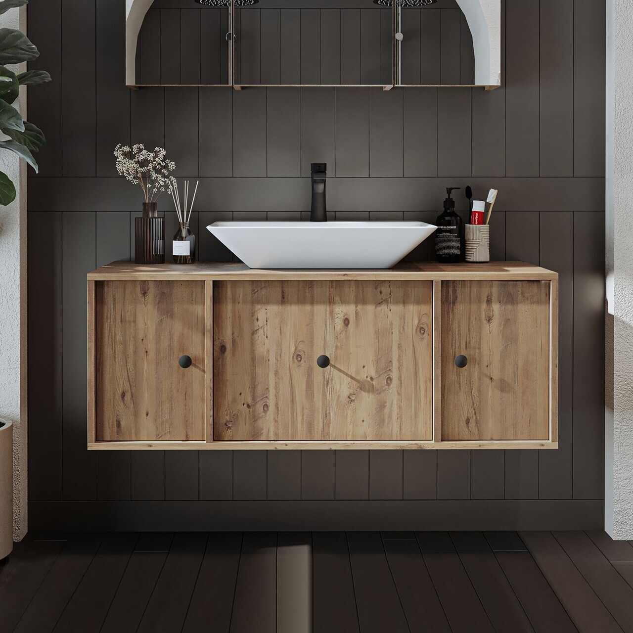 Dulap de baie cu chiuvetă, Hanah Home, 2543, MDF, Maro