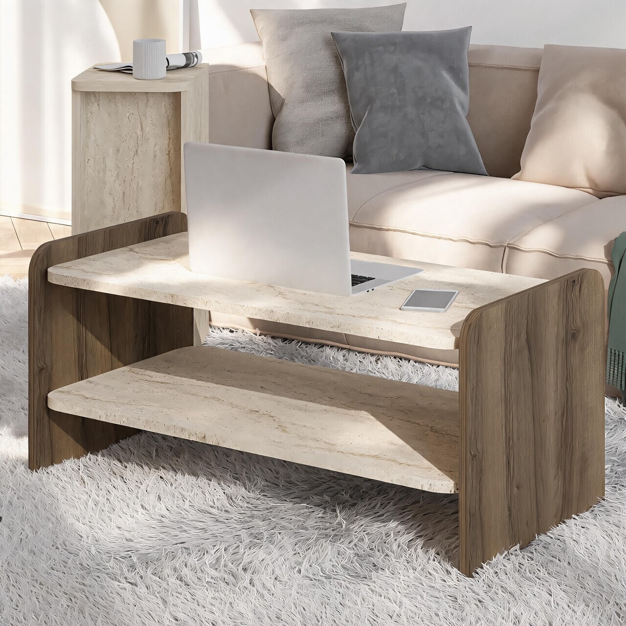 Masuta de cafea, Hanah Home, Amon, Travertin / Nuc Antic — imaginea 3