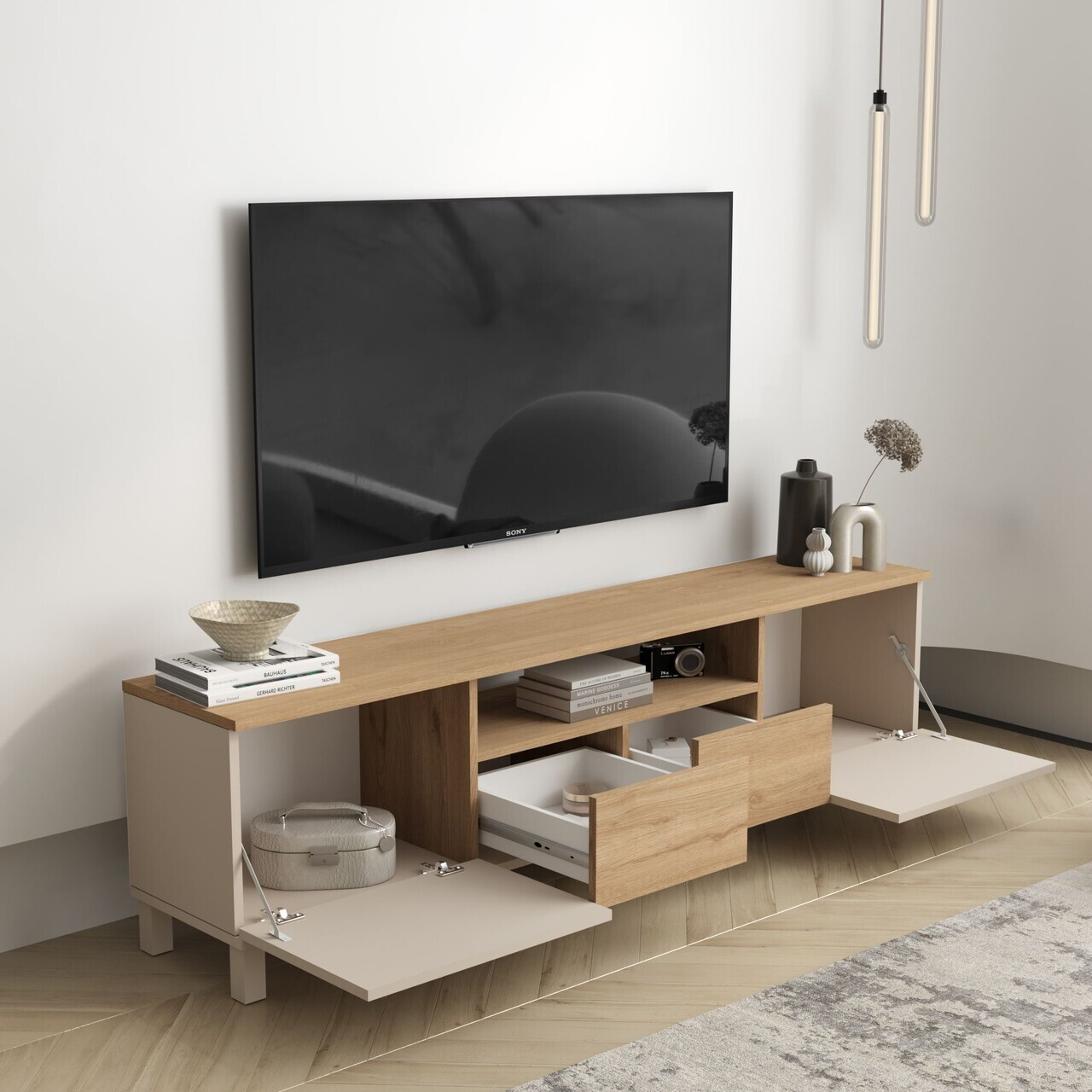 Comoda TV, Hanah Home, Mood, 180x49.2x35 cm, PAL, Nisip / Stejar — imaginea 3