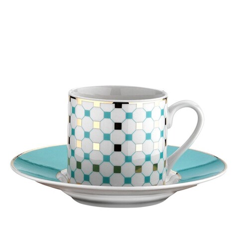 Set 6 cesti + 6 farfurii, kutahya porselen, ru12kt430769714, 50 ml, portelan, alb/turcoaz