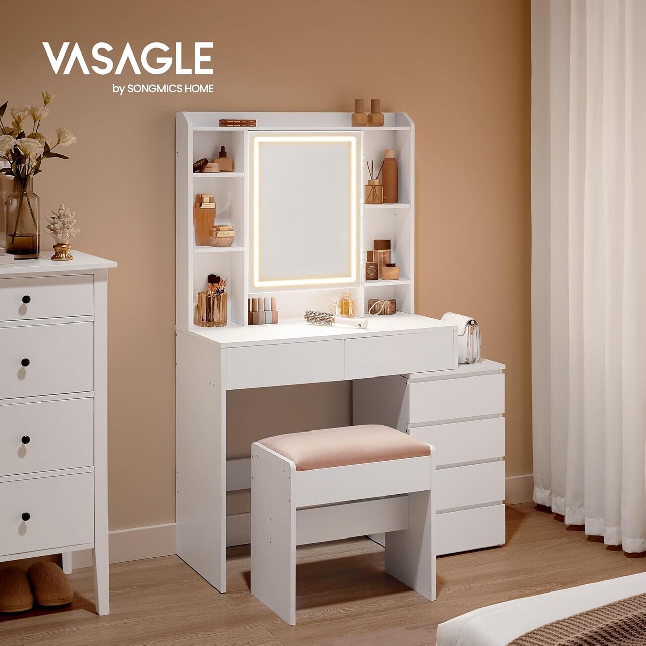 Masa de toaleta cu taburet si oglinda cu LED-uri / masuta dressing, Vasagle, 80s40s137.5 cm, MDF, alb