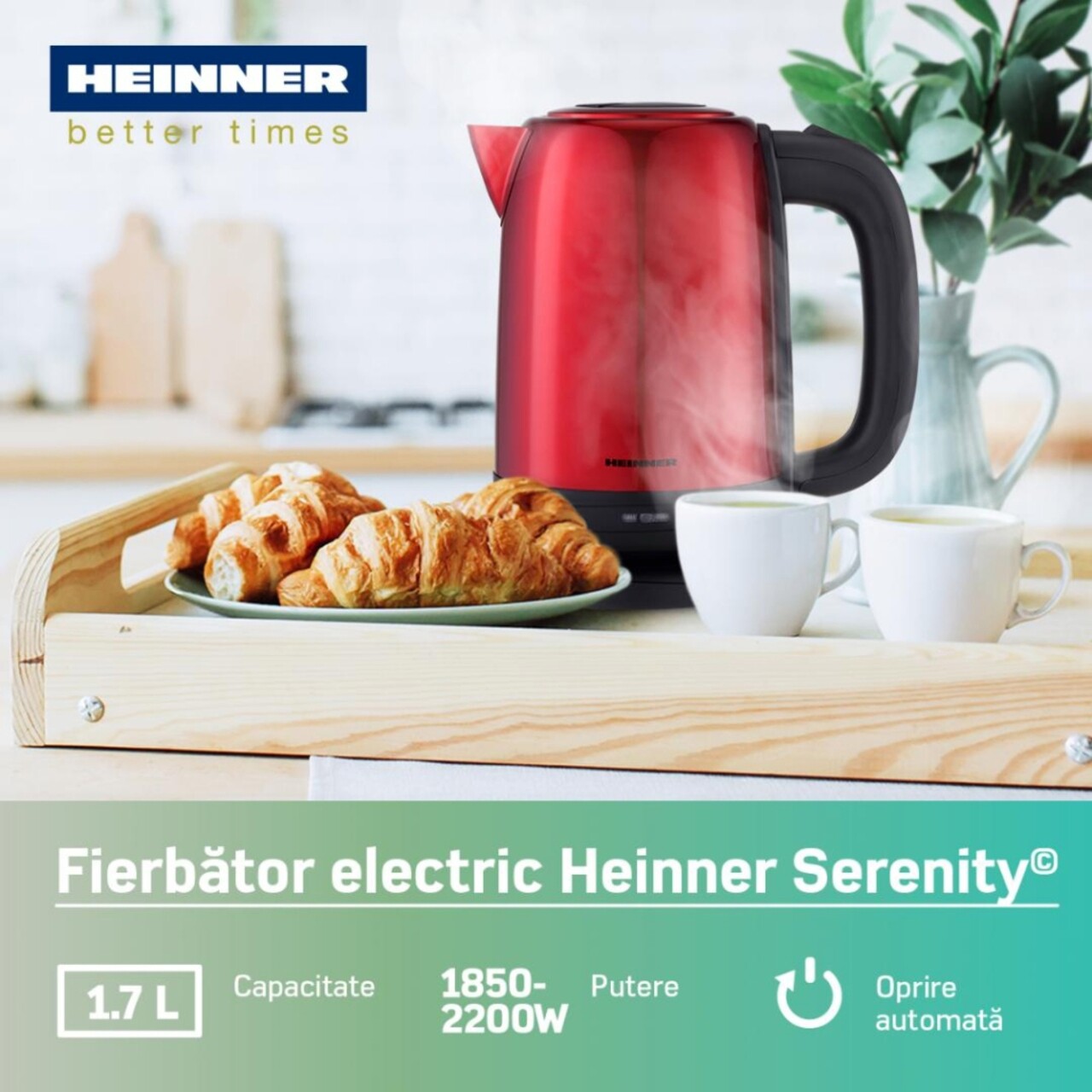 Fierbator electric Heinner, 1850-2200W, 1.7L, rosu