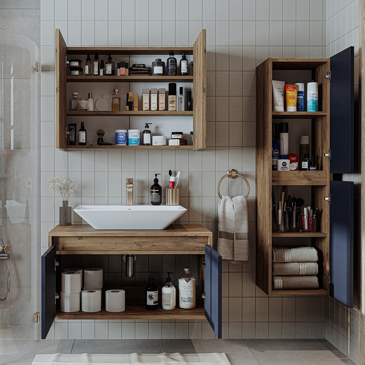 Set Dulap de Baie cu Chiuvetă și Oglindă (3 Piese), Hanah Home, 1701, MDF-LAM, Pin Atlantic / Antracit — imaginea 4
