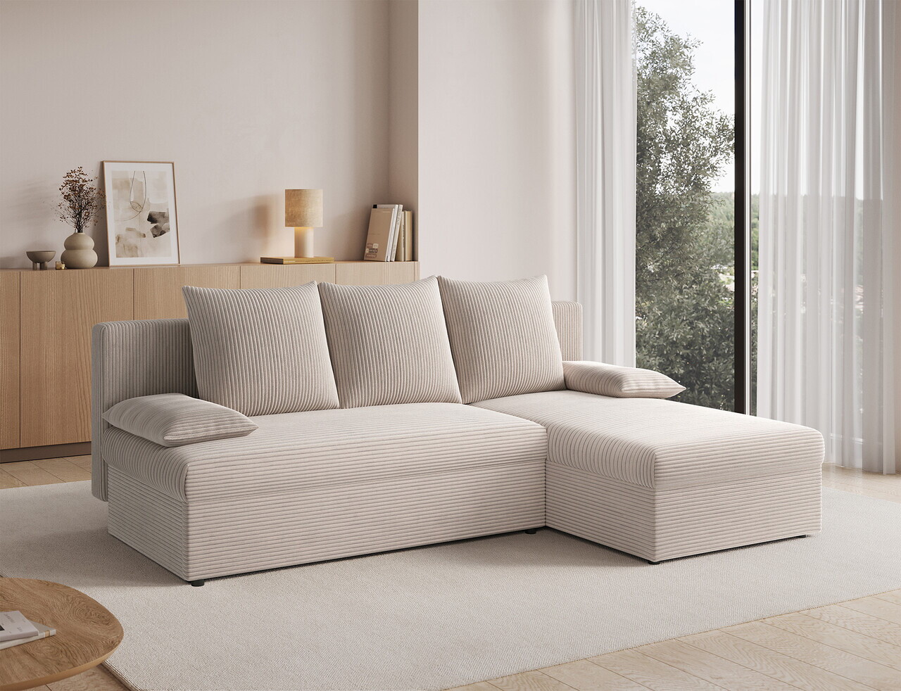 Coltar extensibil reversibil 3 locuri ELTAP, Gino, 201x143x90 cm, lemn/poliester, bej — imaginea 3