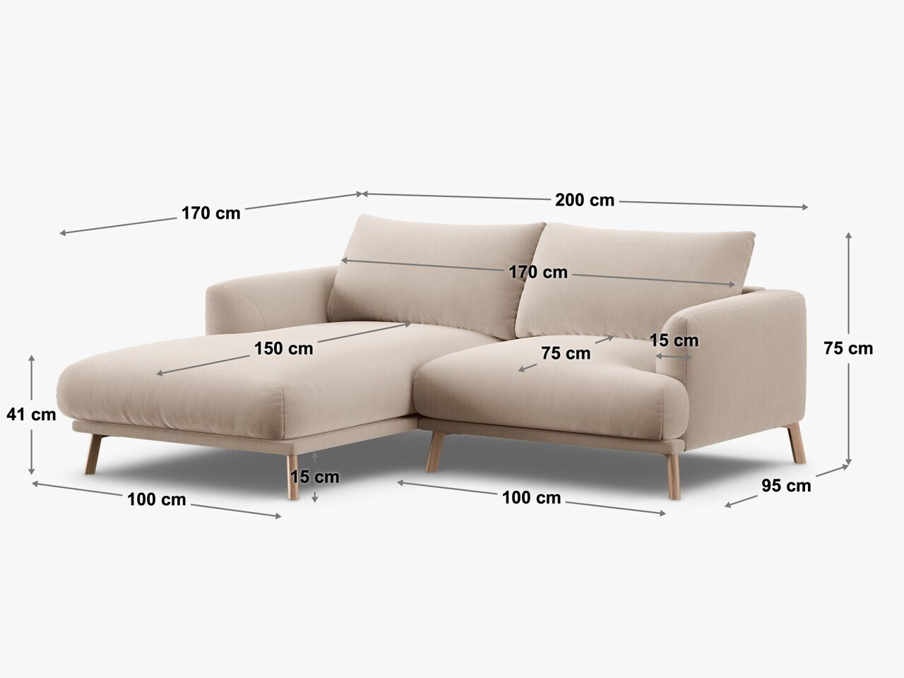 Coltar stanga 3 locuri, Naomi, Micadoni Home, 200x170x75 cm, catifea, bej — imaginea 2