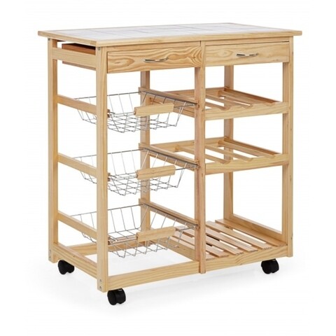 Carucior cu 3 cosuri si 3 rafturi, duo, bizzotto, 67x37x75 cm, lemn de pin/ceramica, natural