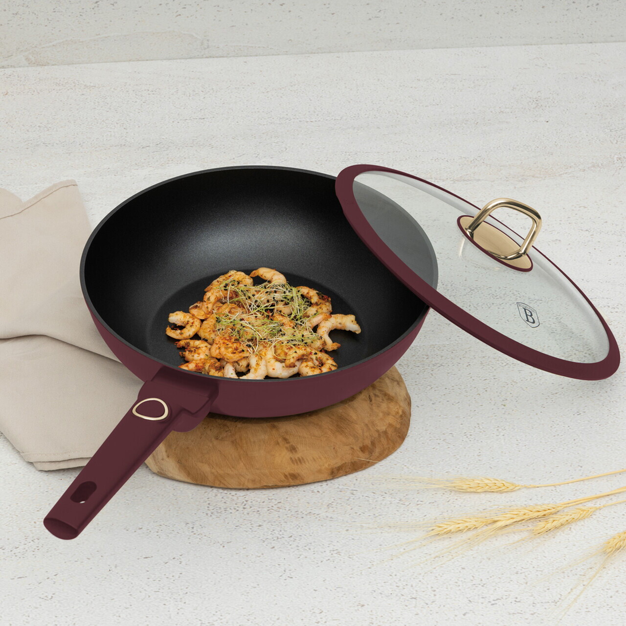 Tigaie Wok cu capac Berlinger Haus, Leonardo, 28 cm, 3.2 L, aluminiu forjat, visiniu mat - imagine 2