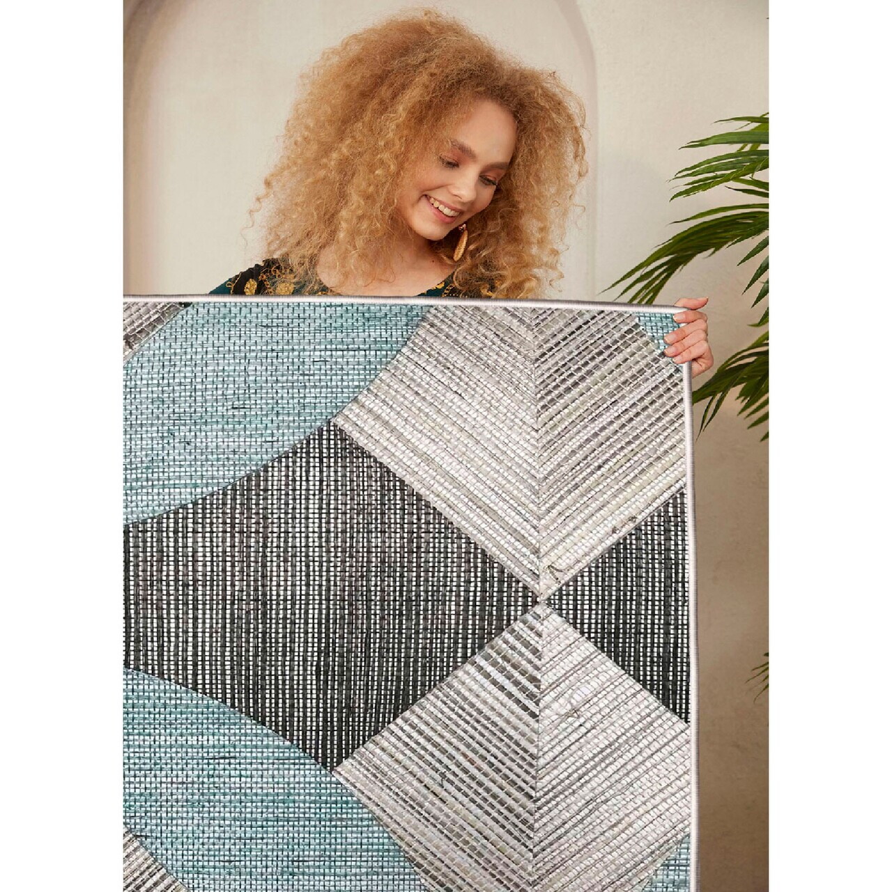 Covor, Woosonıl047, 100x300 cm, Albastru / Gri / Negru — imaginea 4