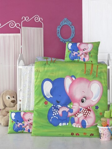 Lenjerie de pat pentru copii, Victoria, Elephant, 4 piese, 100% bumbac ranforce, verde/albastru mezoni.ro