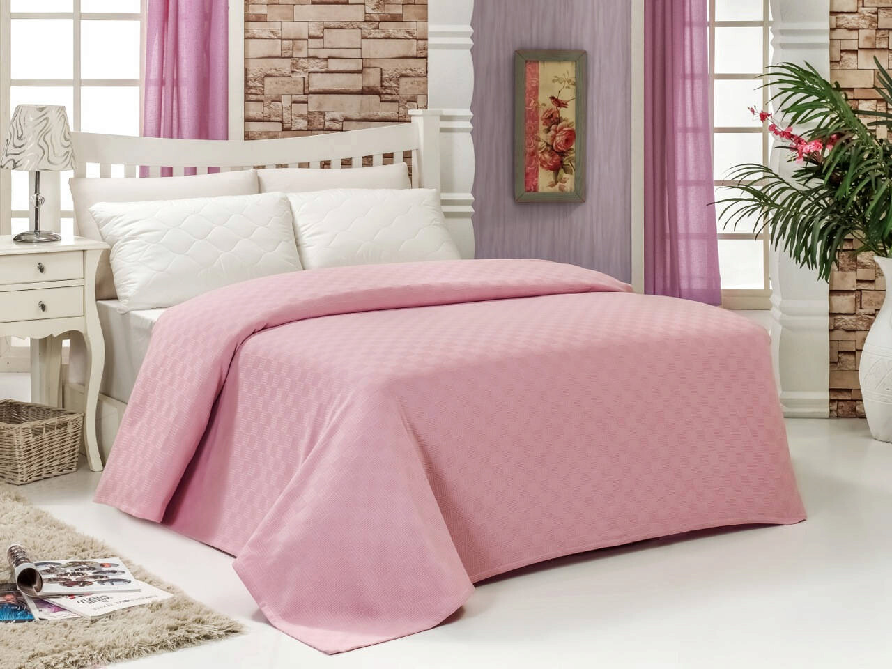 Cuvertura Pique Single (FR), Pink, Bella Carine By Esil Home, Bumbac