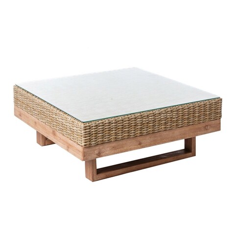 Masuta de cafea pentru gradina Patsy, 80 x 80 x 35 cm, lemn/ratan sintetic/sticla, natural