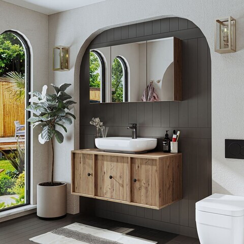 Set Dulap de Baie cu Chiuvetă și Oglindă (2 Piese), Hanah Home, 2574, MDF, Maro