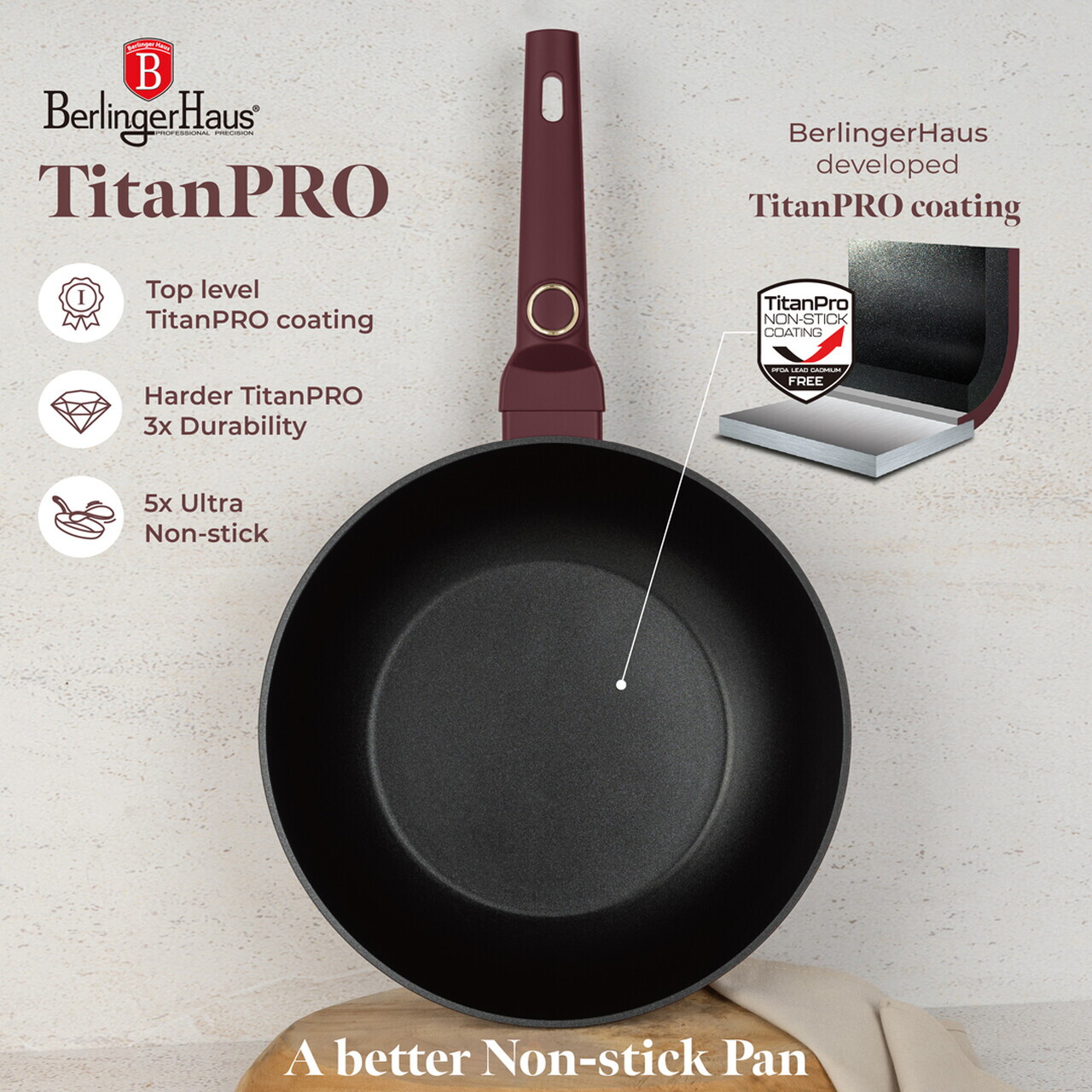 Tigaie Wok Berlinger Haus, Leonardo, 28 cm, 3.2 L, aluminiu forjat, visiniu mat - imagine 13
