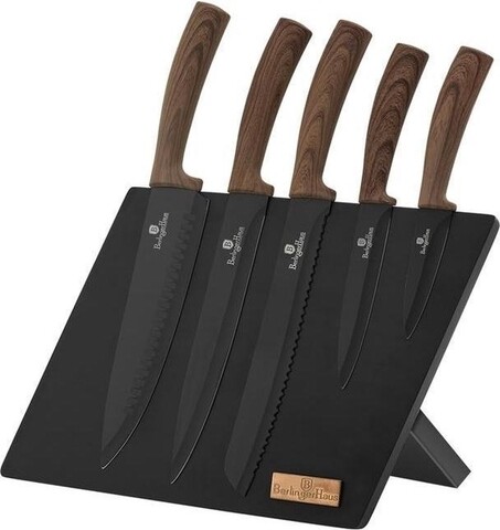 Set 5 cutite + suport magnetic, Original Wood, inox, negru