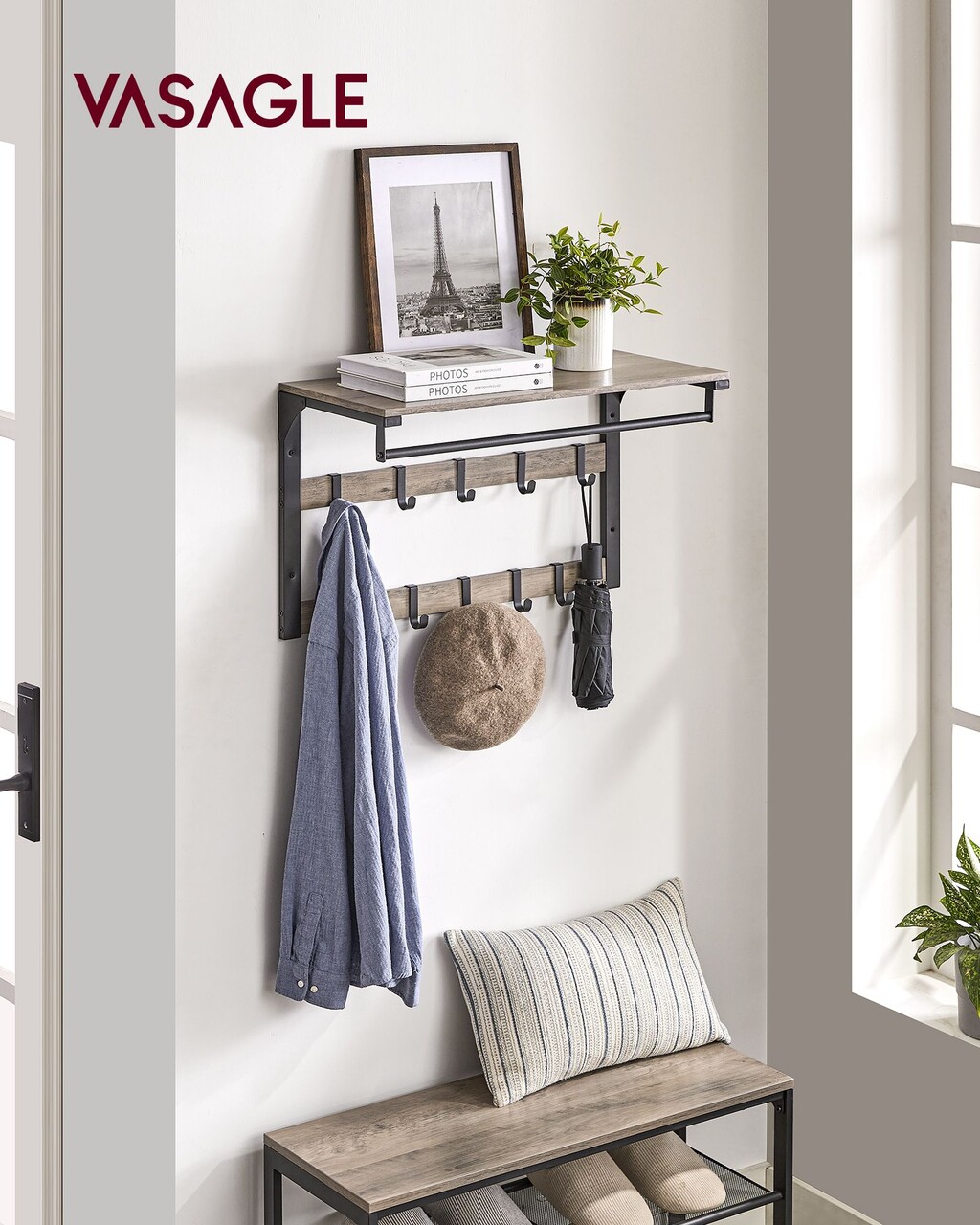 Cuier de perete, Vasagle, cu 10 agatatori, 65x30x42 cm, PAL/otel, gri/negru