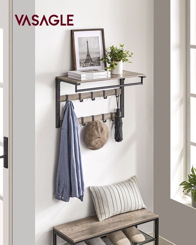 Cuier de perete, Vasagle, cu 10 agatatori, 65x30x42 cm, PAL/otel, gri/negru