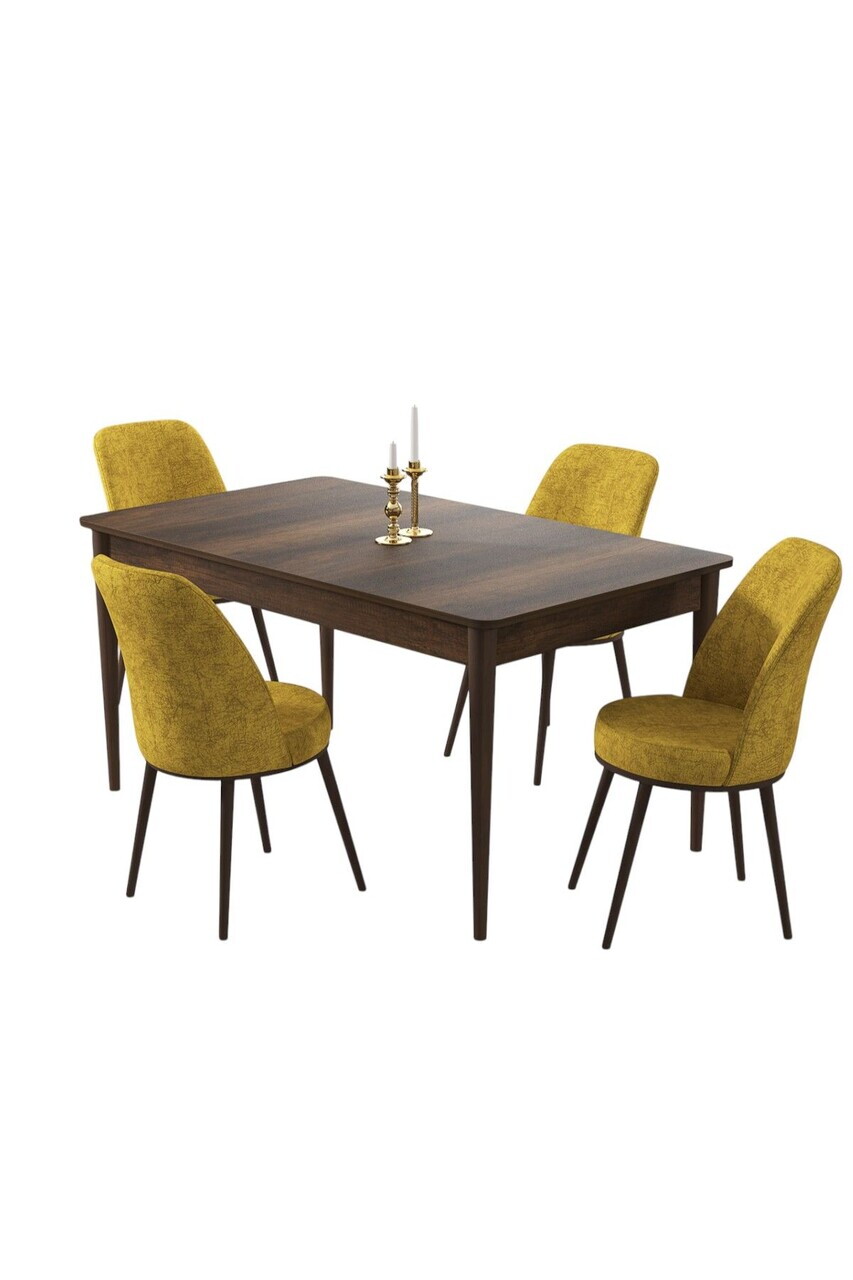 Set masa si scaune (5 piese), Hanah Home, Pir, Model baroc din lemn / Muștar — imaginea 2
