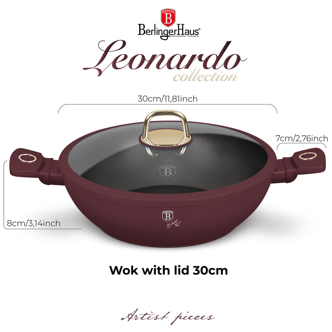Tigaie Wok cu capac Berlinger Haus, Leonardo, 30 cm, aluminiu forjat, visiniu mat - imagine 7