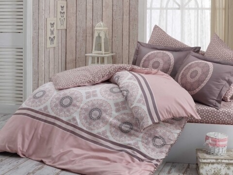 Lenjerie de pat dubla, 6 piese, 240x260 cm, 100% bumbac satinat, Hobby, Silvana Powder, roz
