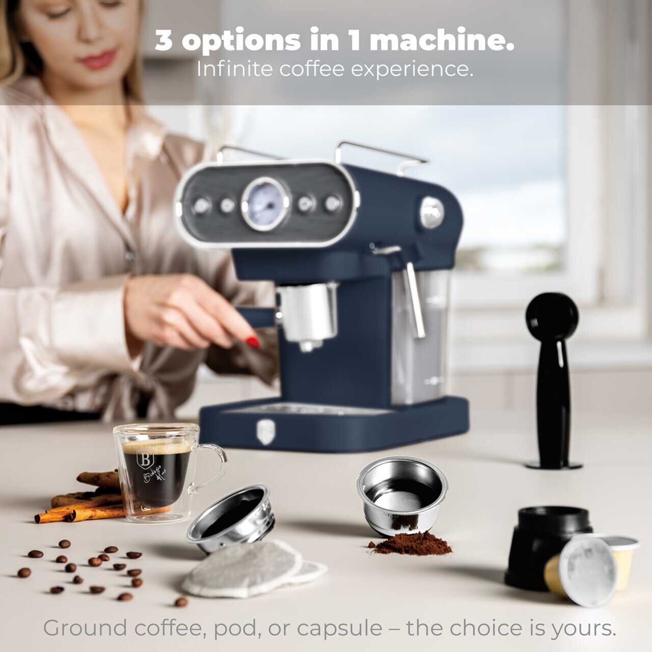 Espressor 3 in 1 Berlinger Haus, Deep Sea, 950W, 23x26.5x30.5 cm, inox, albastru mat/natur - view 11