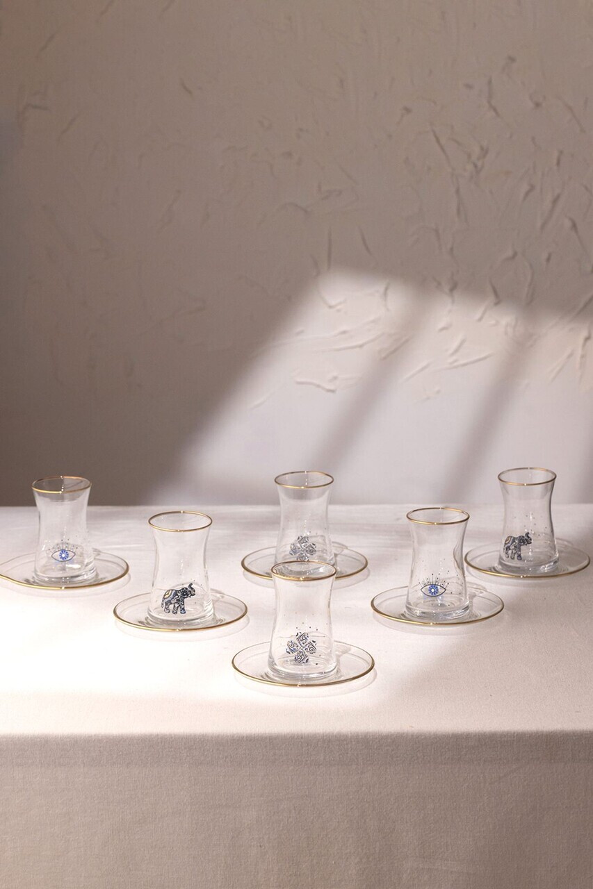 Set pahare pentru ceai Hermia 127RKL1206 Sticla Farfurie: 126 x 126 x 15 cm (6 bucăți) Transparent/Auriu