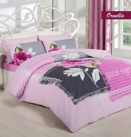 Lenjerie de pat dubla Ornela, Majoli Home Collection, 4 piese, 200x220 cm, 100% bumbac ranforce, roz