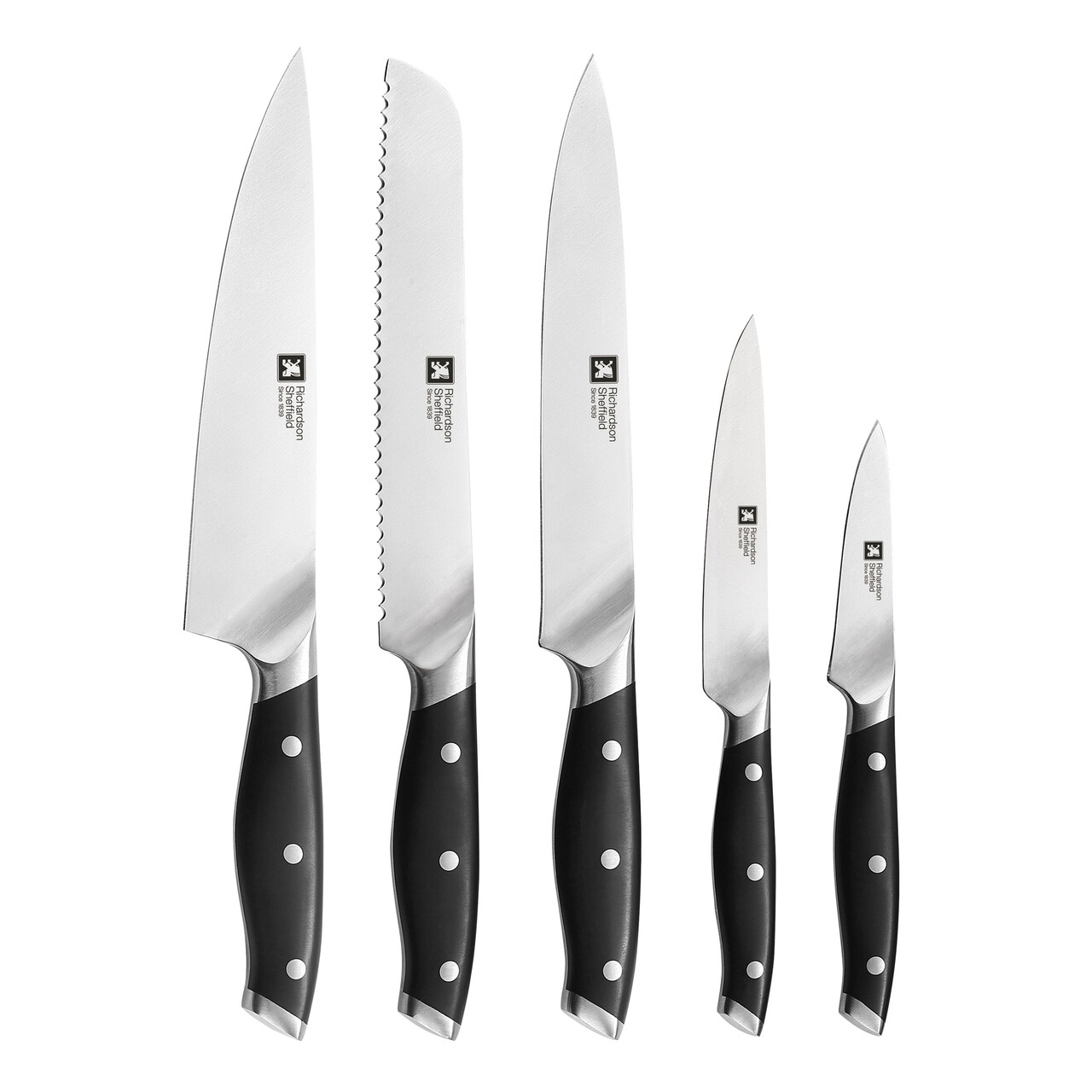 Set 5 cutite si suport Grand Chef, Richardson Sheffield, 9 cm/13 cm/ 20 cm, inox 13/0, negru — imaginea 3