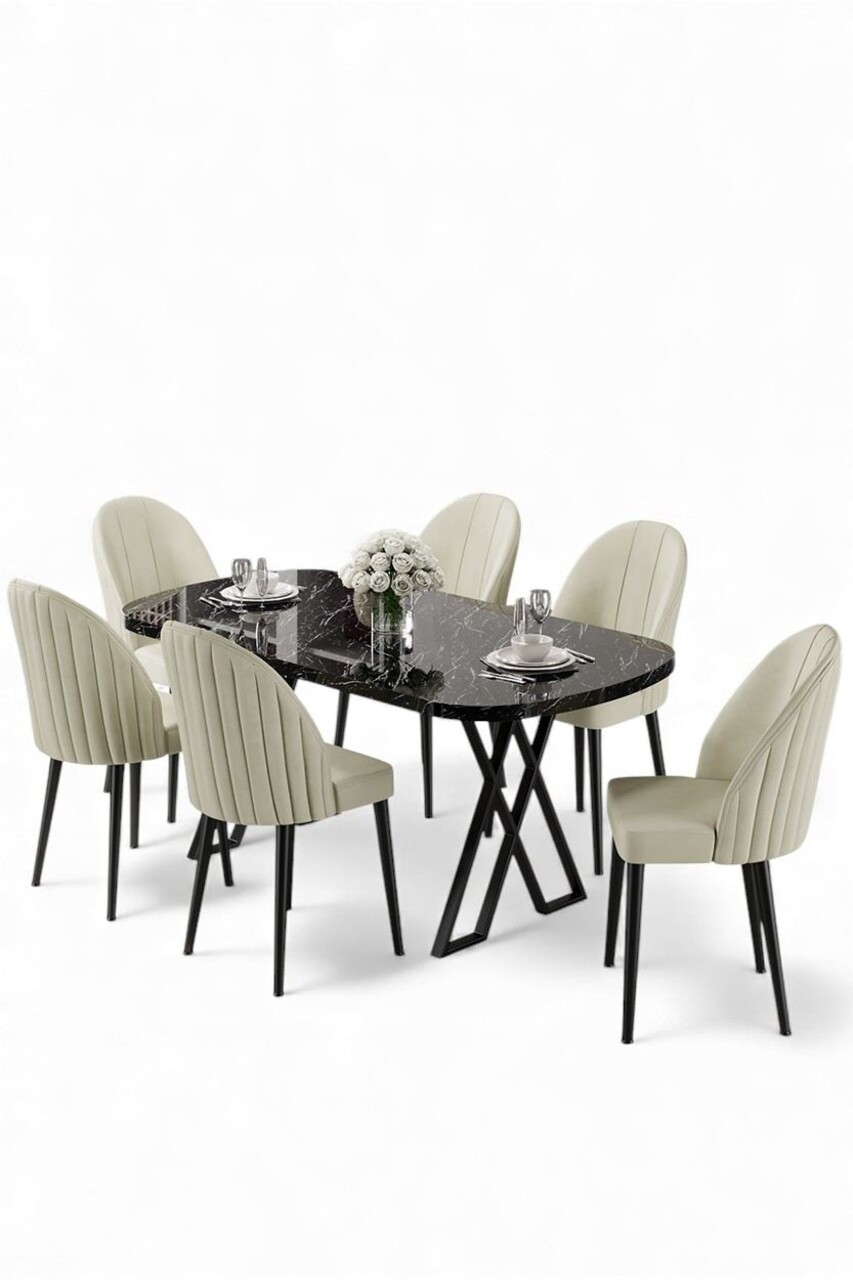 Set masă și scaune (7 piese), Hanah Home, Kaye, Marmură neagră / Crem - view 2