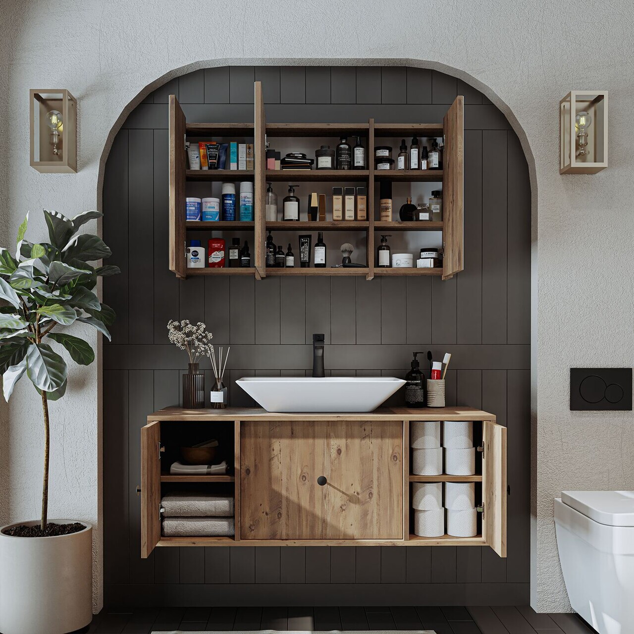 Set Dulap de Baie cu Chiuvetă și Oglindă (2 Piese), Hanah Home, 2558, MDF, Maro — imaginea 4
