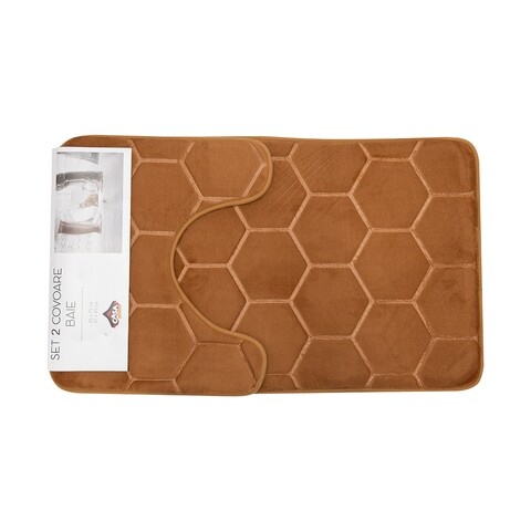 Set 2 covorase de baie, Casa Plastor, Honey, 45 x 73 cm, 37 x 45 cm, poliester/poliuretan/PVC, maro deschis