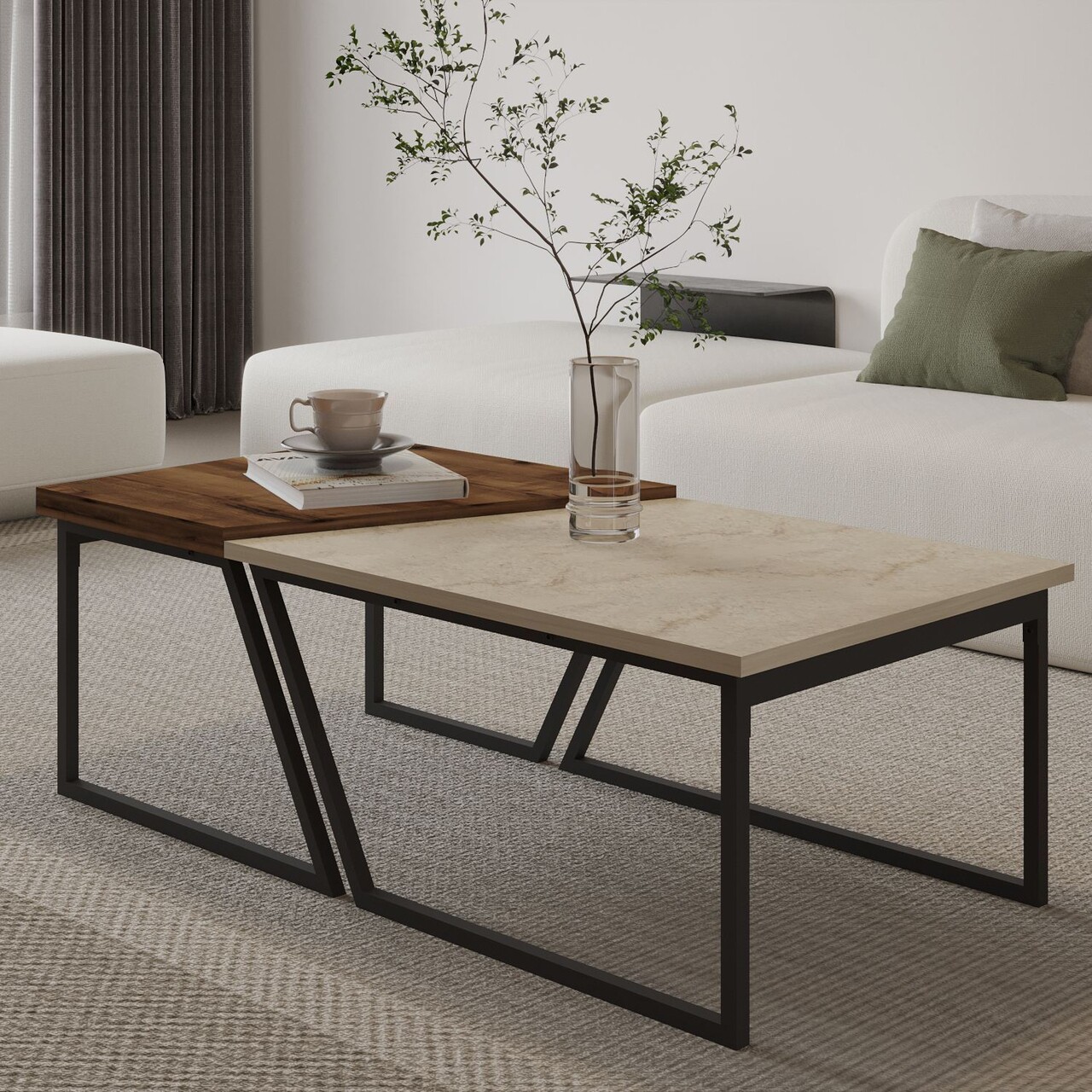 Set masute de cafea, Hanah Home, Verona P0024623, PAL, Travertin / Nuc rustic - imagine 3