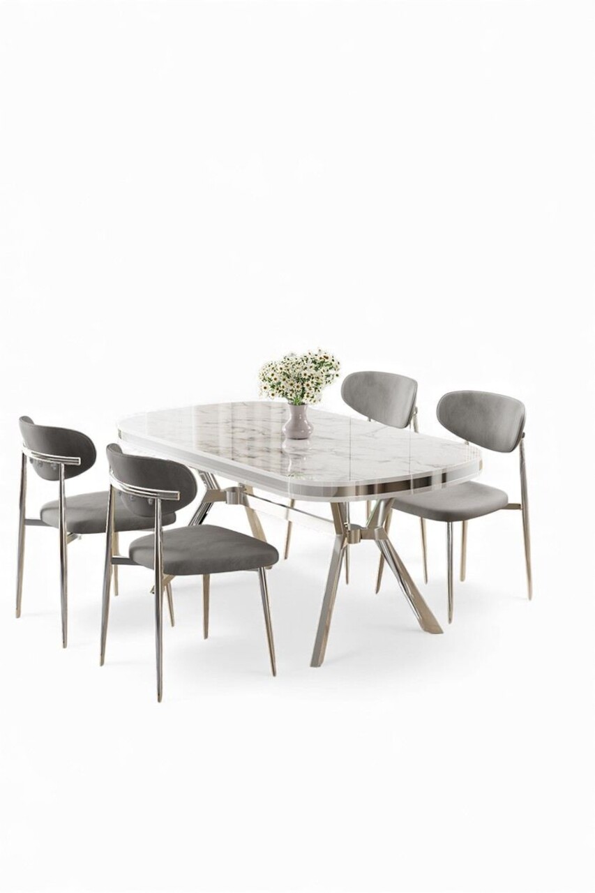 Set masă și scaune (5 bucăți), Hanah Home, Olya, Marmură albă / Crom / Gri - view 2